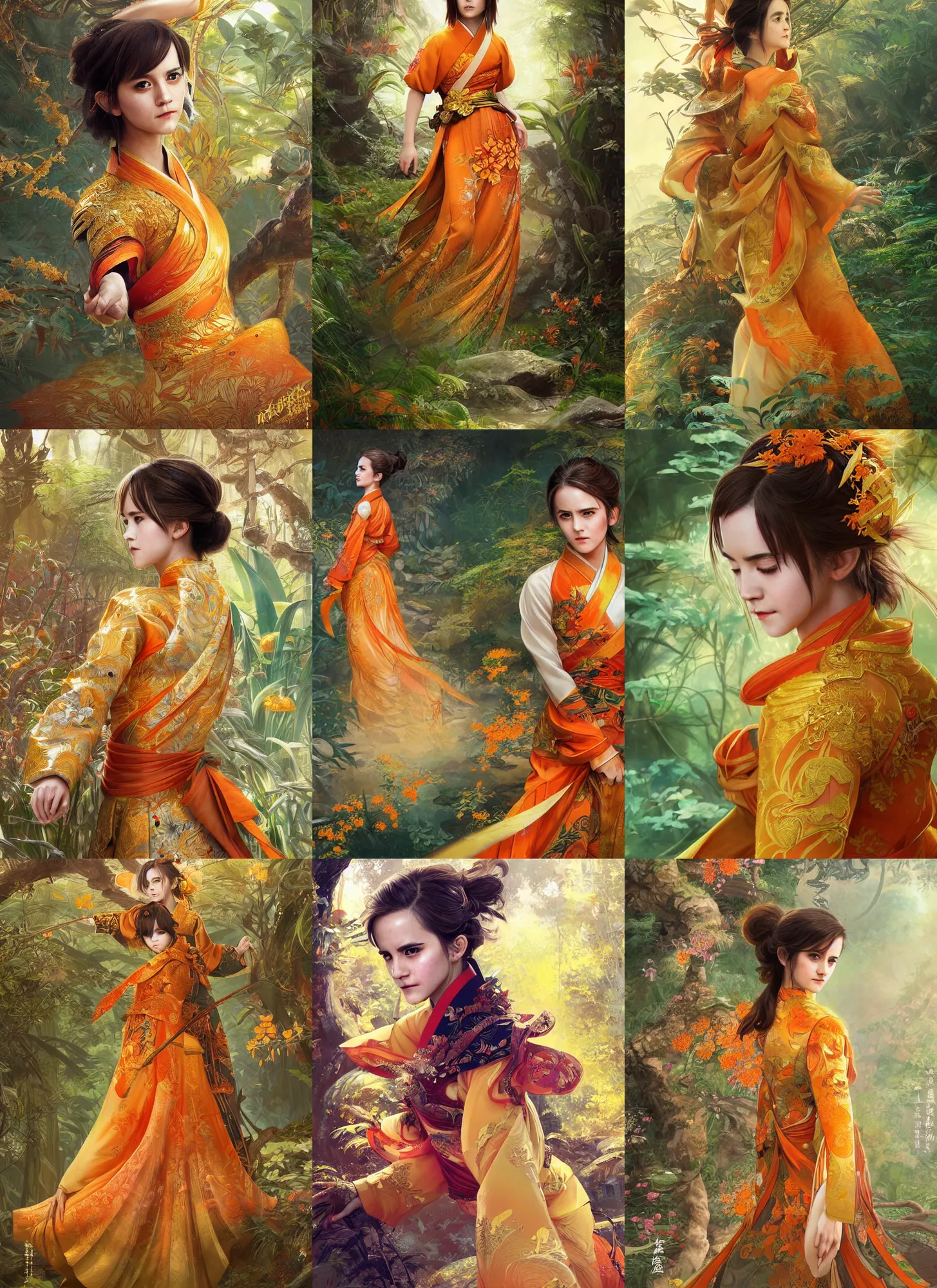 Prompt: asian emma watson wearing golden and orange furisode, full shot, jungle background, intricate, highly detailed, concept art, sharp focus, illustration, artgerm, ruan jia, jurgens, aleksi briclot, mucha