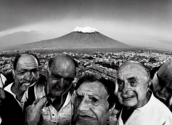 Image similar to old photo of average greeks drink wine and have fun against the backdrop of mount vesuvius starting to erupt by sebastian salgado, fisheye 4, 5 mm, diffused backlight