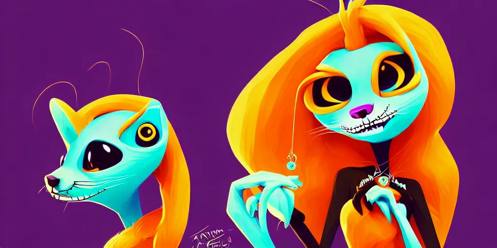 Image similar to curved perspective, extreme narrow, extreme fisheye, digital art of a female marten animal cartoon character wearing jewlery with blonde hairstyle by anton fadeev from nightmare before christmas