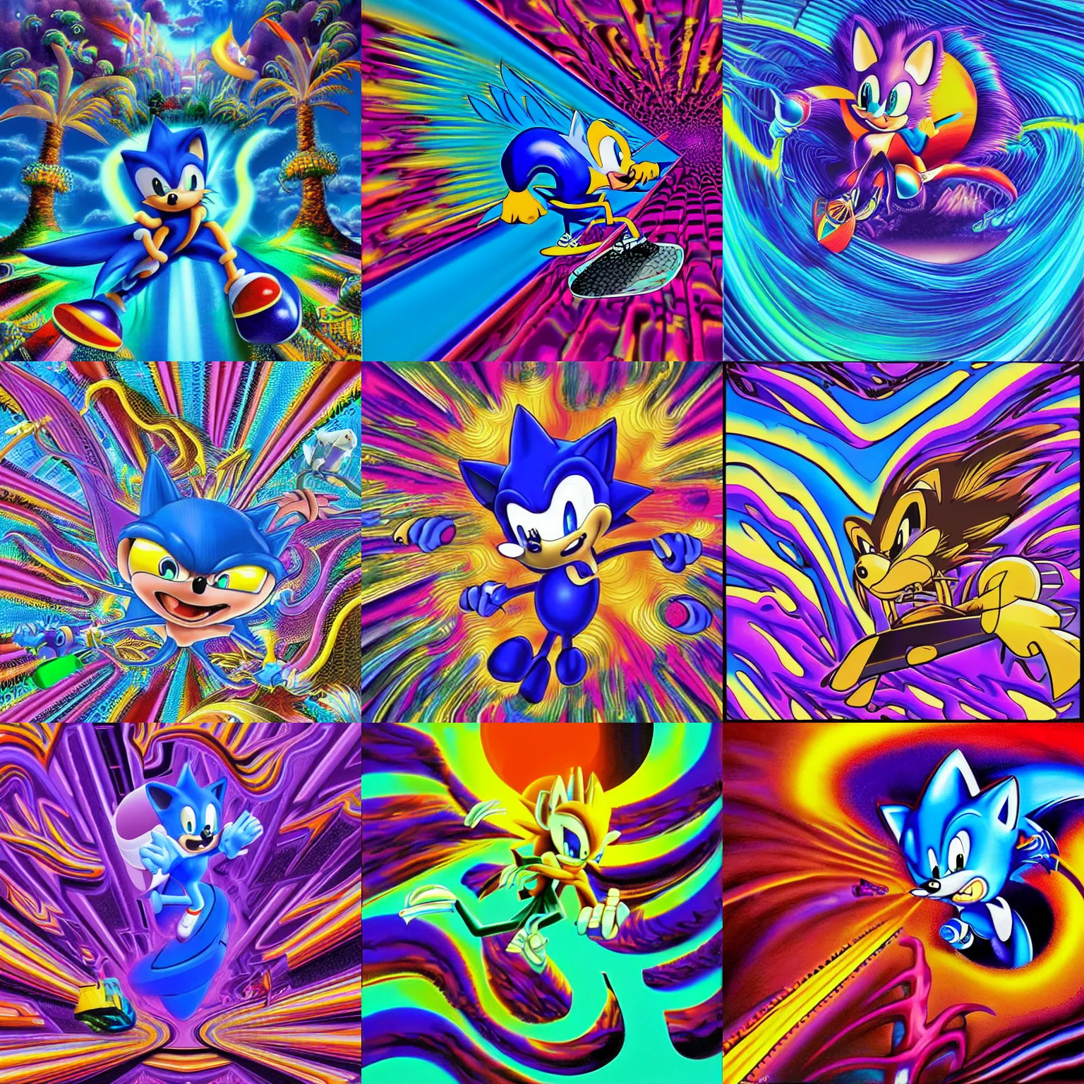 Prompt: surreal, recursive, sharp, detailed professional, high quality airbrush art MGMT album cover of a liquid dissolving LSD DMT blue sonic the hedgehog surfing through cyberspace, purple checkerboard background, 1990s 1992 Sega Genesis video game album cover