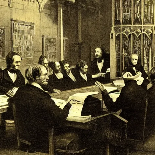 Prompt: victorian scientists sir richard owen and thomas henry huxley at oxford natural history museum 1 8 6 0 debate, high detail, realistic,