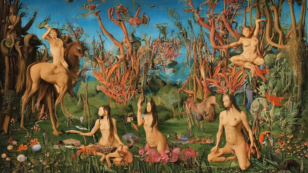 Prompt: a photograph of a meditating centaur shaman and a harpy mermaid feeding animals. surrounded by bulbous flowers, a few trees and wild animals. river delta with mountains under a blue sky full of burning stars and birds. painted by jan van eyck, max ernst, ernst haeckel, ernst fuchs and artgerm. trending on artstation