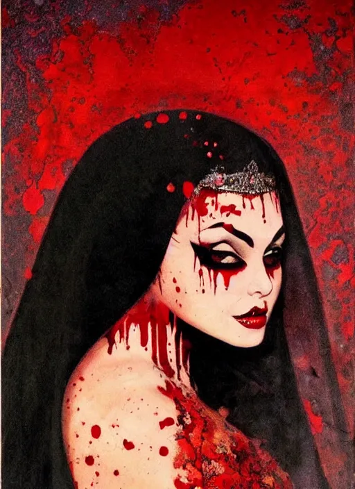 Image similar to portrait of bald iranian vampiress, jeweled veil, strong line, saturated color, beautiful! coherent! by frank frazetta, high contrast, blood splatter background