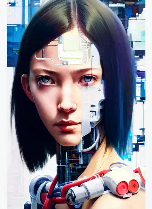 Image similar to side portrait of cyborg girl with robotic parts | | head only in center of image, audrey plaza, fine detail!! anime!! realistic shaded lighting!! poster by ilya kuvshinov katsuhiro otomo ghost - in - the - shell, magali villeneuve, artgerm, jeremy lipkin and michael garmash and rob rey