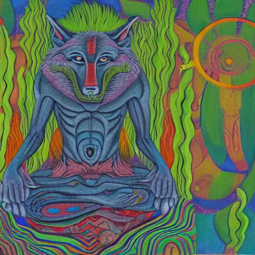 Prompt: an anthromorphic wolf man meditating in a zen garden, by amanda clark in a psychedelic style, oil on canvas