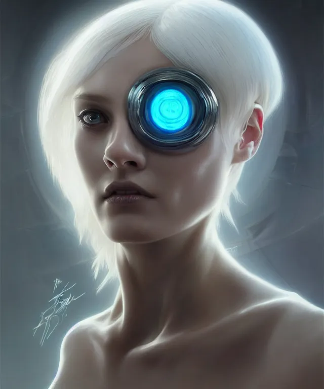 Image similar to futuristic woman android portrait, sci-fi female, azure eyes, face, short platinum hair tomboy, cyberpunk, intricate, elegant alabaster skin, highly detailed platinum filigree, digital painting, artstation, concept art, smooth, sharp focus, illustration, dramatic lighting, subsurface scattering, art by artgerm and greg rutkowski and alphonse mucha