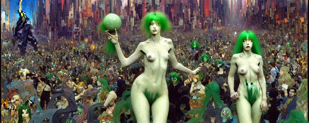 Prompt: realistic extremely detailed full height portrait painting of a ghost girl with green hair in a crowded sci-fi city street, very detailed crowd by Jean Delville, Amano, Yves Tanguy, Alphonse Mucha, Ernst Haeckel, Edward Robert Hughes, Roger Dean, rich moody colours, blue eyes