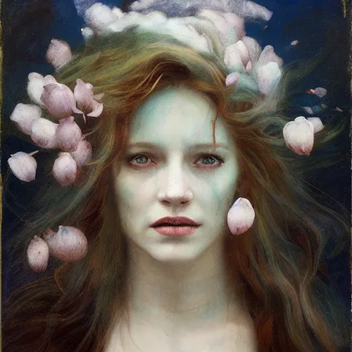 Image similar to goddess of magnolias, wind swept hair, murky underwater and dreaming by jeremy lipkin, vincent di fate, hieronymus bosch, rule of thirds, seductive look, beautiful