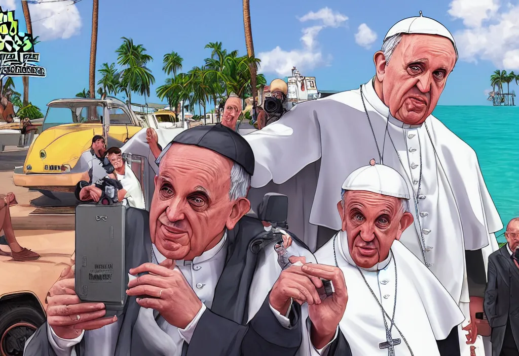 Image similar to pope francis in grand theft auto loading screen, gta art style, illustration, beach, miami, vice city