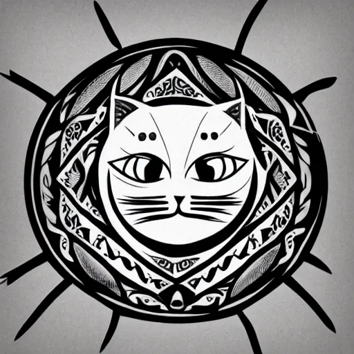 Image similar to tattoo sketch of a single eye cat, hugging the sun, a draft, maori ornament, polinesian style, minimalism, line art, vector