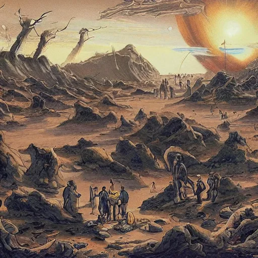 Image similar to people sitting around witnessing the last day of planet earths destruction