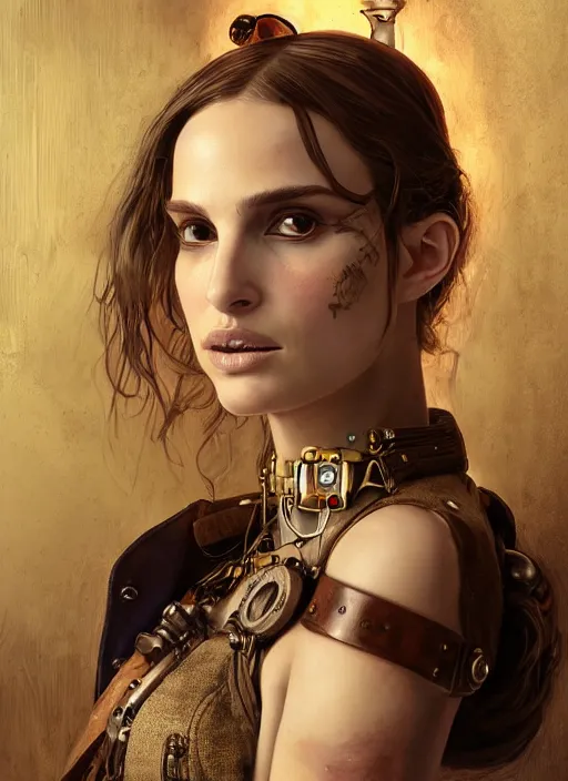 Image similar to steampunk clockpunk portrait of natalie portman, au naturel, hyper detailed, digital art, trending in artstation, cinematic lighting, studio quality, smooth render, unreal engine 5 rendered, octane rendered, art style by klimt and nixeu and ian sprigger and wlop and krenz cushart.