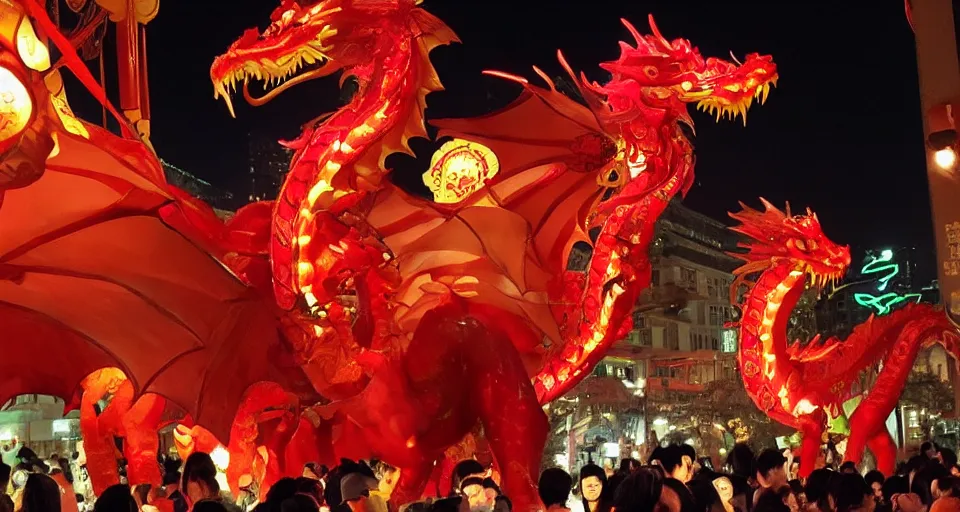 Image similar to glowing dragon puppets at chinese new year parade, beautiful, soft lighting, artstation, storybook