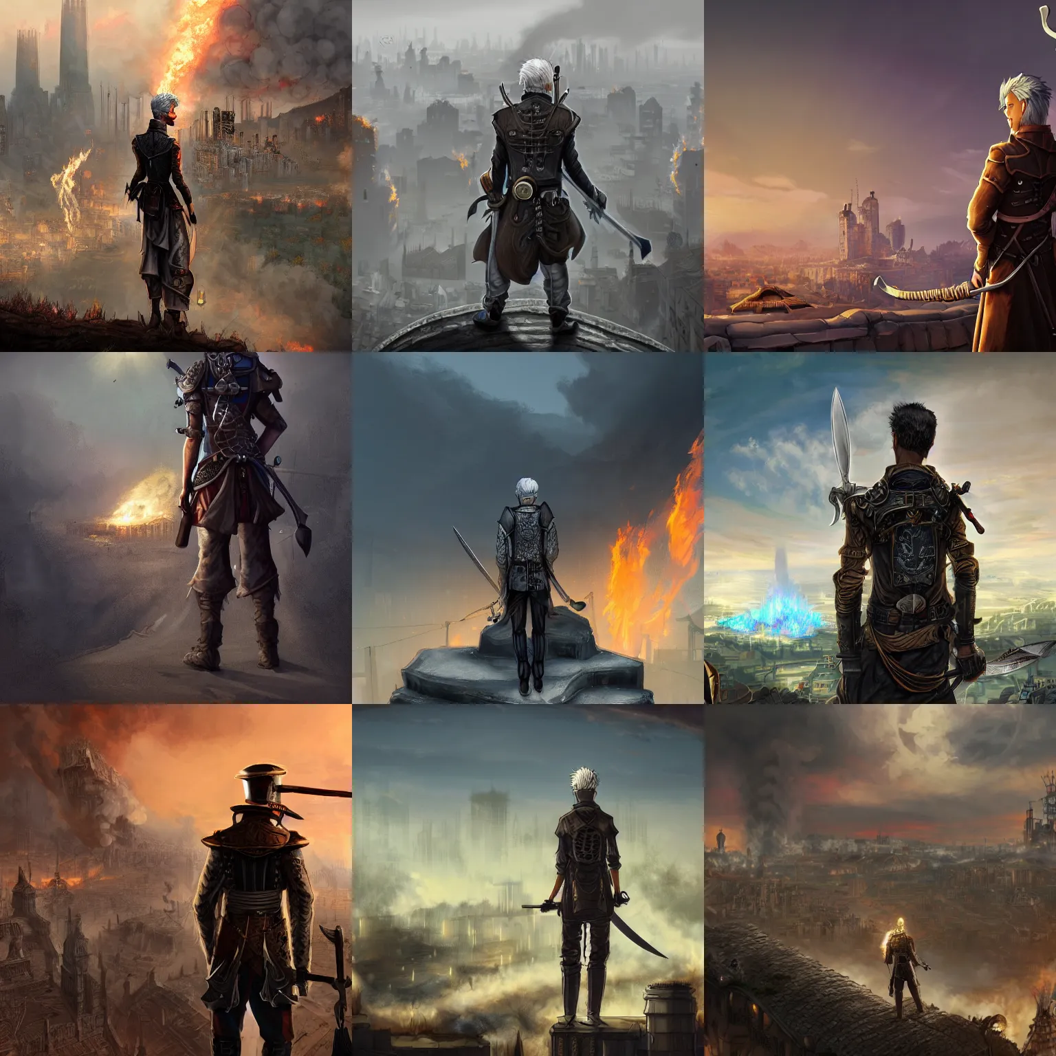 Prompt: a gray-haired young man with a sword on his back, looking at the burning steampunk city while standing on the hill, digital art, detailed, dramatic, trending on artstation