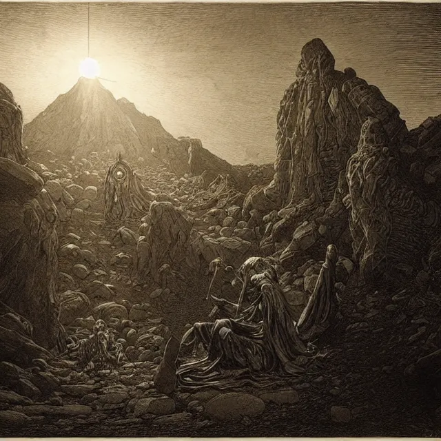 Image similar to etching by Franklin Booth and Gustav Doré showing frightened sorcerer in the desert by night, surrounded by nightmares in the shadows, mystic athmosphere, by Greg Rutkowski, deformed rocks, snakes, scorpions, UHD, 8K,