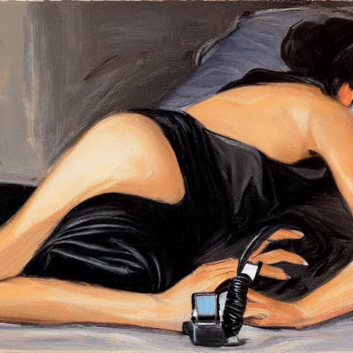 Image similar to Ground Level Shot, long shot of a beautiful dark haired woman wearing a black dress, laying on her back on a bed, holding old telephone hand peice with twisted cable by fabian perez