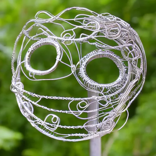 Image similar to pacman, wire sculpture, realistic silver metal wire sculpture, detailed and intricate