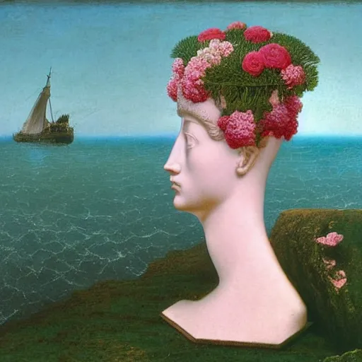 Image similar to Caspar David Friedrich, award winning masterpiece with incredible details, Caspar David Friedrich, a surreal vaporwave vaporwave vaporwave vaporwave vaporwave painting by Caspar David Friedrich of an old pink mannequin head with flowers growing out, sinking underwater, highly detailed Caspar David Friedrich