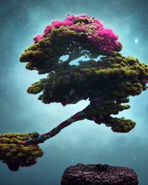 Image similar to underwater bonsai tree with leaves painted nebula galaxy,, 4 k, unreal engine, octane render by beeple