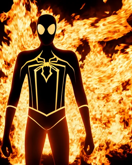 Image similar to photograph of a black and gold suit spider - man stood infront of a blazing inferno, dslr, cinematic, volumetric lighting, 8 k resolution, photorealistic