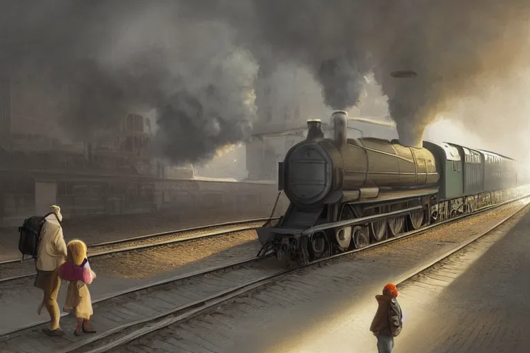 Prompt: deserted subway, sun light streaming in from top windows, one person with a small child and a suitcase stands looking at the steam train, smoke coming from train chimney highly detailed, digital painting, artstation, concept art, smooth, sharp focus, illustration, art by greg rutkowski