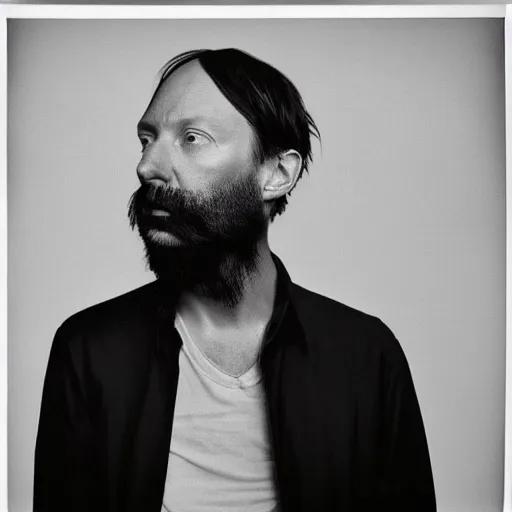 Image similar to Radiohead, with a beard and a black shirt, a computer rendering by Martin Schoeller, cgsociety, de stijl, uhd image, tintype photograph, studio portrait, 1990s, calotype