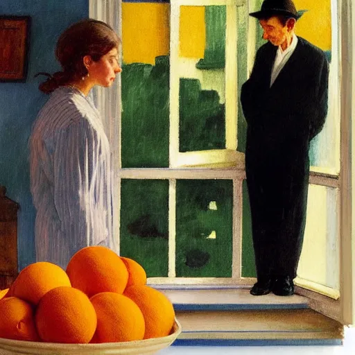 Image similar to oil painting of young leonard cohen in room with beautiful woman wearing second hand clothes, with bowl of oranges on table, and view through window of boat on river, by edward hopper, by norman rockwell, by eric fischl
