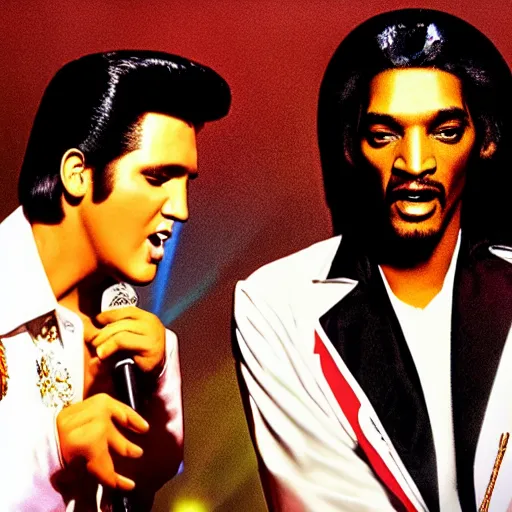 Image similar to elvis presley and snoop dog singing a duet one microphone, in las vegas, detailed, beautiful, dolby digital color, f 1. 8, promotional poster, photorealistic