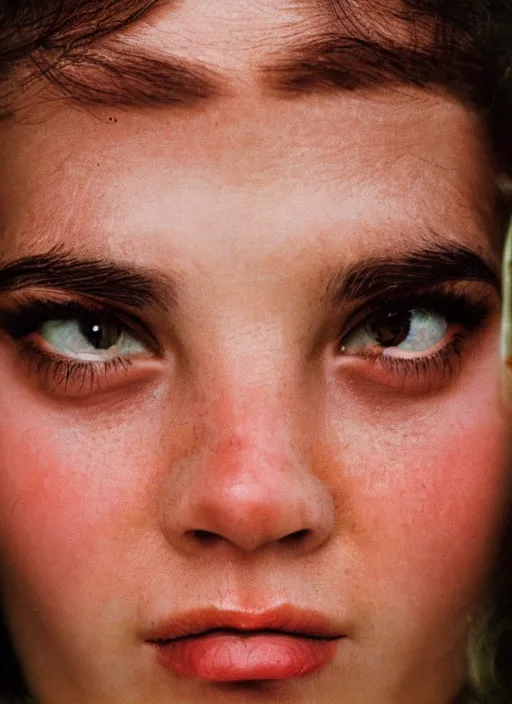 Image similar to kodak portra 400, photographic extreme close-up face of a beautiful woman with freakles , photographed by Carlo Diamanti .