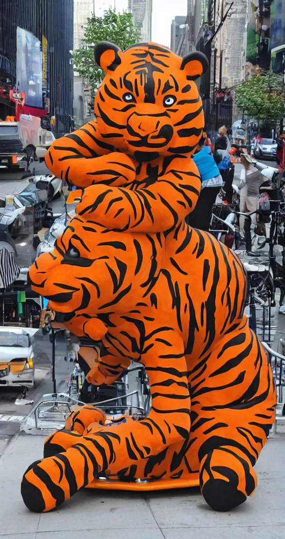 Image similar to a kiddie ride that looks like a tiger on the sidewalk in NYC