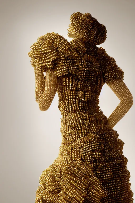 Image similar to A beautiful dress made of a bee hive, on a mannequin. High resolution, studio lighting