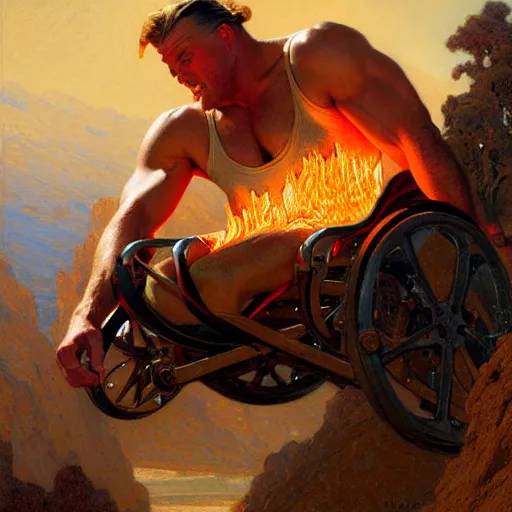 Image similar to wcw lex lugar in a wheel chair on fire rolling off a cliff. highly detailed painting by gaston bussiere, j. c. leyendecker, greg rutkowski, craig mullins 8 k