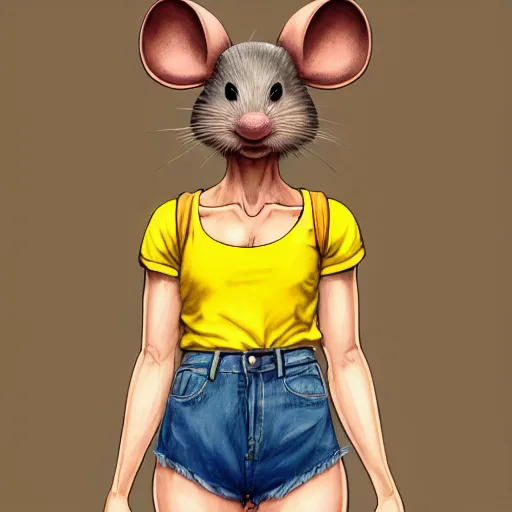 Image similar to anthropomorphic mouse wearing denim short shorts and yellow tank top, highly detailed, artgerm style, artstation, soft light, sharp focus, illustration, character design, concept art