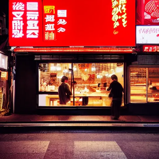 Image similar to a street ramen shop in japan, at night, cinematic dramatic lighting, light comes from billboards, moody atmosphere, very aesthetic, in the style of edward hopper, 4 k,