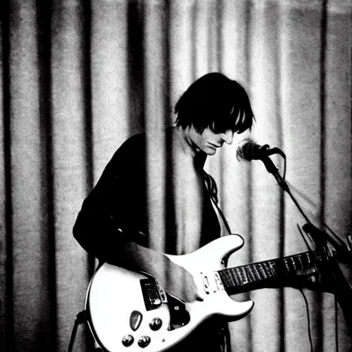 Image similar to Jonny Greenwood playing a guitar in a black and white photo, a black and white photo by Colin Greenwood, featured on tumblr, toyism, groovy, psychedelic, ilya kuvshinov