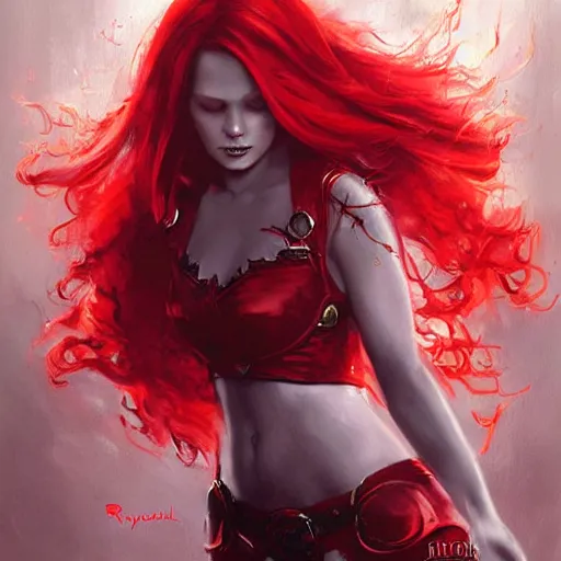 Prompt: a beautiful painting of a floating sassy redhead fire sorceress with a red outfit by Raymond Swanland