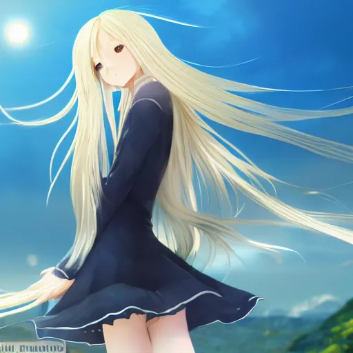 Image similar to a very beautiful anime cute girl, extremely long blond hair reaching the ground, full body, long wavy blond hair, sky blue eyes, full round face, short smile, fancy top, miniskirt, front view, summer lake setting, cinematic lightning, medium shot, mid-shot, highly detailed, trending on Artstation, Unreal Engine 4k, cinematic wallpaper by Stanley Artgerm Lau, WLOP, Rossdraws, James Jean, Andrei Riabovitchev, Marc Simonetti, and Sakimichan