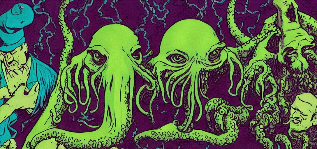 Image similar to Cthulhu starring in a David Lynch film about a birthday party, Mike Judge art style, 90's mtv illustration, surrealism, David Lynch's hair
