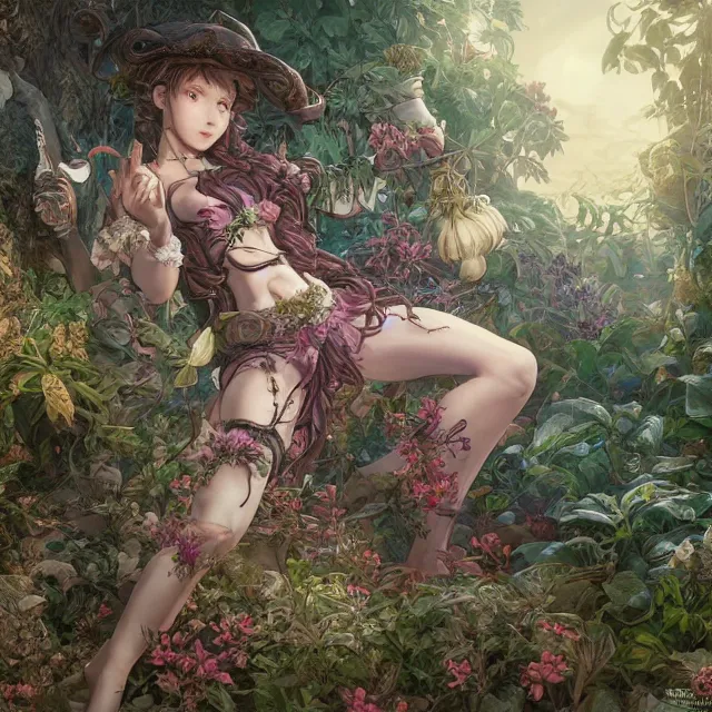 Image similar to the portrait of chaotic good female druid botanist as absurdly beautiful, gorgeous, elegant, young gravure idol, an ultrafine hyperdetailed illustration by kim jung gi, irakli nadar, intricate linework, sharp focus, bright colors, octopath traveler, final fantasy, unreal engine 5 highly rendered, global illumination, radiant light, detailed and intricate environment