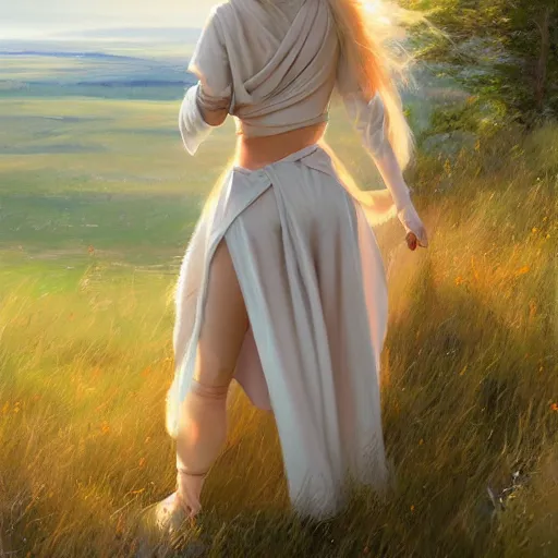 Image similar to blonde female jedi, Swedish countryside, landscape view, archipelago, painting by Vladimir Volegov, wlop, artstation