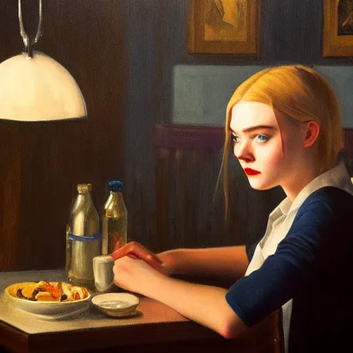 Prompt: Elle Fanning at a diner, head and shoulders portrait, stormy weather, extremely detailed masterpiece, Roger Deakin’s cinematography, oil on canvas, Edward Hopper,