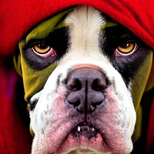 Image similar to portrait of american bulldog as afghan girl, green eyes and red scarf looking intently, photograph by steve mccurry