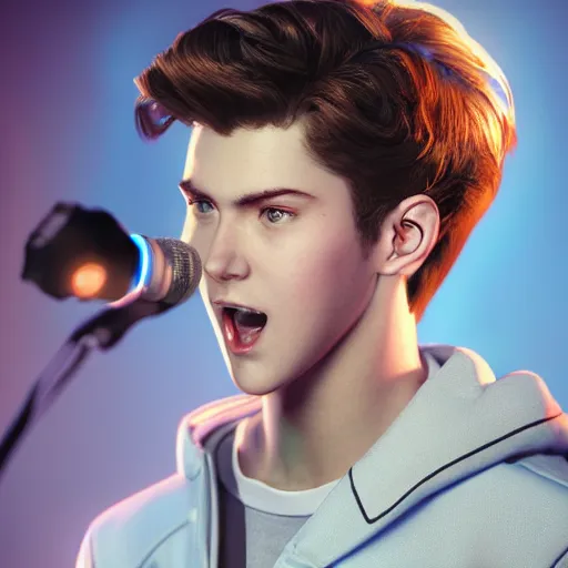 Image similar to a handsome young man with sandy brown hair and blue eyes singing into a neon blue microphone headset posing on stage. dynamic pose. line of action. concert. cinematic lighting. medium shot photorealistic. hyper realism. ray tracing hdr. intricate detailed masterpiece. by bouguereau and shigenori soejima. lifelike.