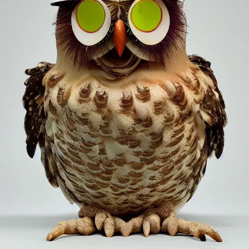 Image similar to a grotesque, horrific owl made entirely of apples