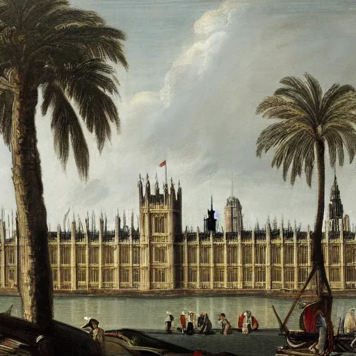 Prompt: Houses of parliament with palm trees, painted by William Hogarth, detailed
