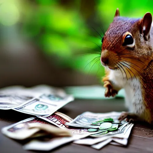 Prompt: film still, gangster squirrel counting his money, low angle, shot from below, worms eye view, low angle!!!!