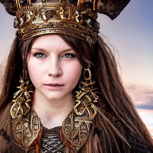 Image similar to beautiful Viking princess with ornate cloak, highly detailed, 4k, HDR, smooth, sharp focus, photo-realistic, high resolution, award-winning, macro 20mm, headshot