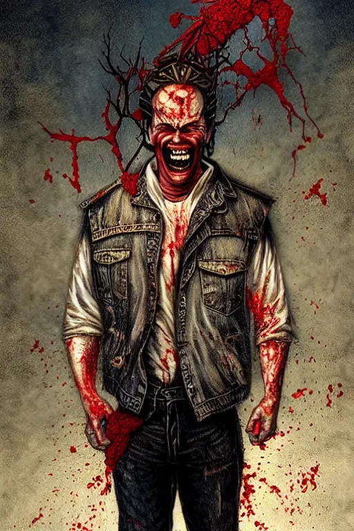 Prompt: a maniac covered in blood laughing manically. he is wearing a denim vest. in the style of of true detective. art by tomasz alen kopera and glenn fabry.