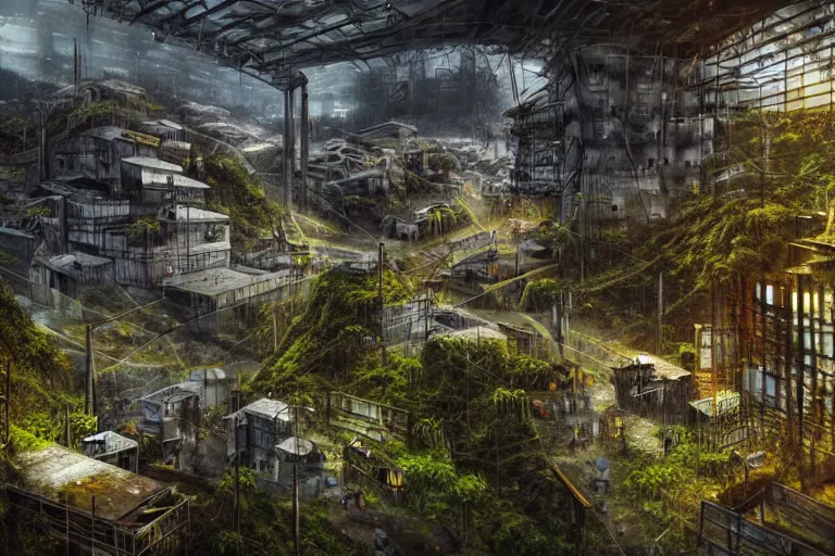 Prompt: favela winding cybernetic hive, wooded environment, industrial factory, haunting, award winning art, epic dreamlike fantasy landscape, ultra realistic,