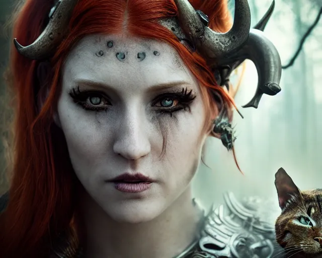 Image similar to 5 5 mm portrait photo of an armored gorgeous anesthetic redhead woman warrior with a face tattoo and cat eyes and horns growing from her head, in a magical forest in the style of greg rutkowski. by luis royo. highly detailed 8 k. intricate. lifelike. soft light. nikon d 8 5 0. cinematic post - processing